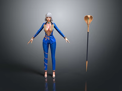 Woman in Blue Suit with Gold Details and Silver Hair Standing by Ornate Staff 3d model