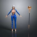 Woman in Blue Suit with Gold Details and Silver Hair Standing by Ornate Staff