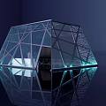 Modern Exhibition Booth With Geometric Transparent Metal Frame And Blue Lighting Reflection