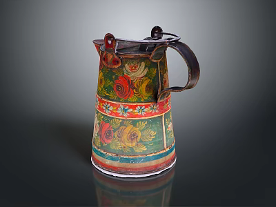 Decorative Metal Water Jug With Colorful Floral Patterns And Striped Accents 3d model