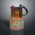 Decorative Metal Water Jug With Colorful Floral Patterns And Striped Accents