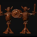 Wooden Carved Warrior Statues With Horned Helmets Holding Shield And Sword