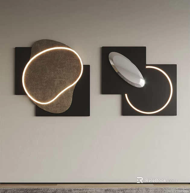 Modern Wall Decor Featuring Black Square Panels Circular LED Lights Stone Texture And Silver Oval Mirror 3d model