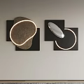 Modern Wall Decor Featuring Black Square Panels Circular LED Lights Stone Texture And Silver Oval Mirror 3d model