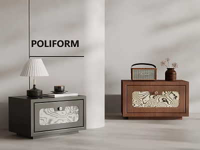 Poliform Modern Bedside Tables With Glass Door Patterned Detail Featuring Lamp Radio And Dried Flowers 3d model