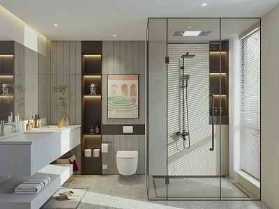 Modern Bathroom Interior With Glass Shower Enclosure Double Sink Vanity And Wooden Wall Panels 3d model