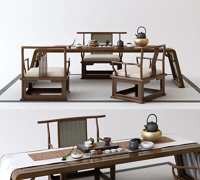 Traditional Chinese Style Tea Table And Chairs With Teapot Tea Cups And Wooden Tray 3d model