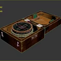 Wooden Desk With Open Box Containing Compass Green Item And White Cards