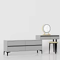 Modern Minimalist Dressing Table with Gray Cabinet Round Mirror and Stool 3d model