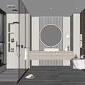Modern Bathroom Interior Design With Glass Shower Round Mirror Vanity Wall Lights And Storage Cabinets