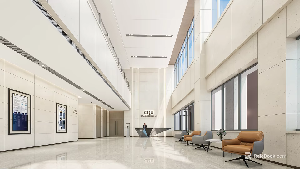 Modern Reception Desk In Spacious Bright Lobby With Marble Floor Sofas And COU Logo 3d model