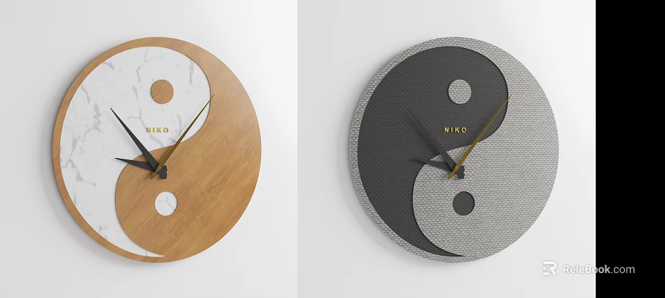 NIKO Yin Yang Themed Wall Clock Featuring Wooden Marble And Black Gray Design 3d model 