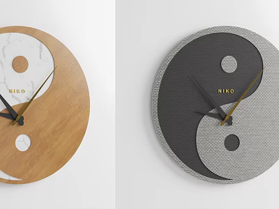 NIKO Yin Yang Themed Wall Clock Featuring Wooden Marble And Black Gray Design 3d model
