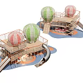 Colorful Playground With Green Red Spherical Structures Slides And Multi Level Wooden Platforms