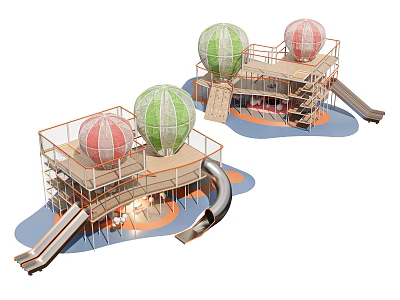 Colorful Playground With Green Red Spherical Structures Slides And Multi Level Wooden Platforms 3d model