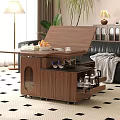 Modern Wooden Coffee Table With Storage Shelves Black Leather Sofa Geometric Rug And Potted Plant
