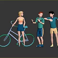 Three Cartoon Characters Including Blonde Female and Two Males with Blue Bicycle in Gray Background