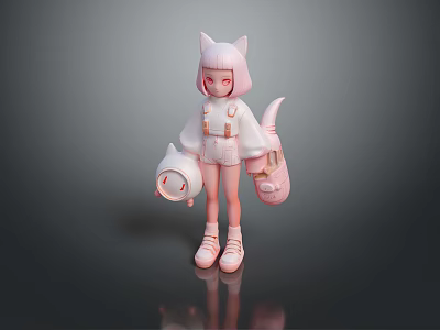Cute 3D Game Movie Character With Pink Cat Ears Tail And White Outfit Design 3d model