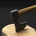 Vintage Axe Weapon with Wooden Handle and Metal Head Displayed on Tree Stump