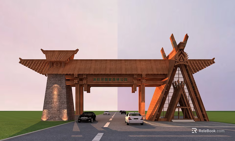 Traditional Chinese Grand Entrance Gate With Wooden Roof And Stone Pillars On Road With Cars 3d model 