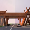 Traditional Chinese Grand Entrance Gate With Wooden Roof And Stone Pillars On Road With Cars