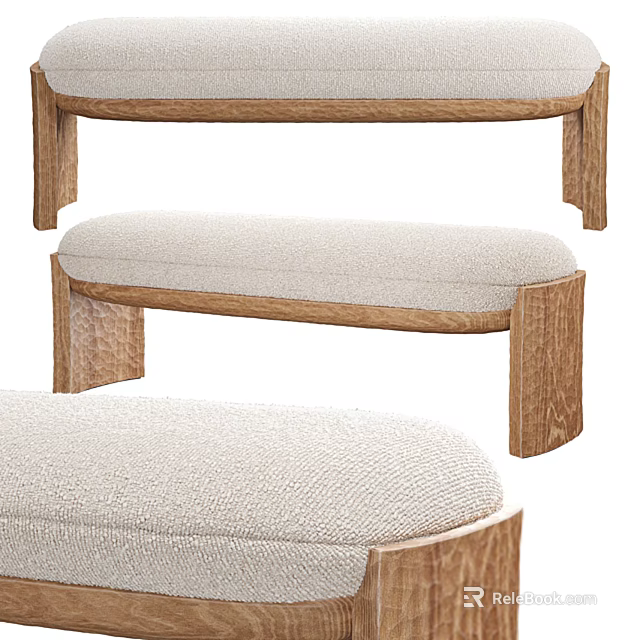 Modern Upholstered Sofa Bench With Beige Linen Cushion And Curved Wooden Legs 3d model 