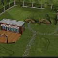 Charming Playground With Green Lawn Wooden Cabin Arch Bridges Castle Like Structure And Stone Paths