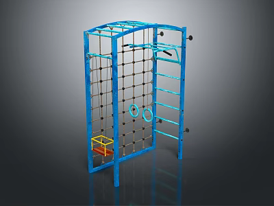 Blue Outdoor Play Equipment With Climbing Net Ladder Rings And Yellow Platform 3d model