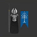 Man's Silver Armor On Gray Base With Blue Flag White Tree Pattern And Long Pole