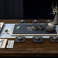 Elegant Ceramic Tea Set on Wooden Table with Tray Cups Teapot and Vase Flowers