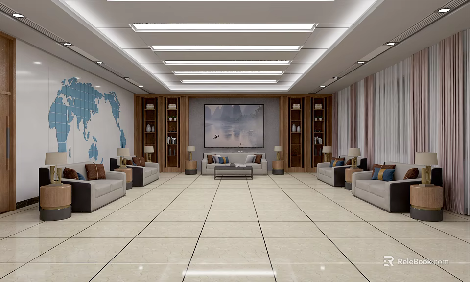 Hotel Public Lounge With Spacious Interior Comfortable Sofas Bookshelves And World Map Wall 3d model 