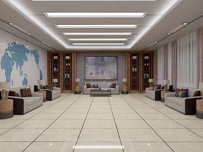 Hotel Public Lounge With Spacious Interior Comfortable Sofas Bookshelves And World Map Wall 3d model