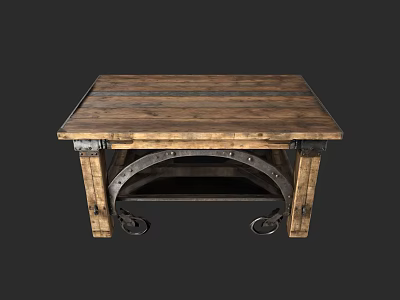 Vintage Wooden Coffee Table Design With Metal Accents And Rolling Wheels 3d model