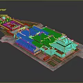 Traditional Chinese Architectural Complex 3D Model With Red Roofs Green Eaves Yellow Walls Symmetrical Layout