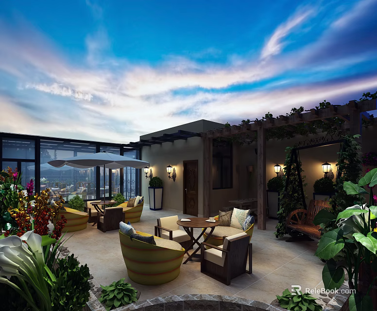 Roof Garden Featuring Outdoor Furniture Lush Plants Pergola And Scenic View 3d model 