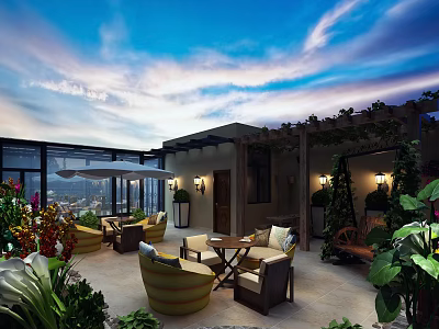 Roof Garden Featuring Outdoor Furniture Lush Plants Pergola And Scenic View 3d model
