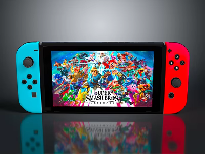 Portable Game Console With Blue Red Controllers Displaying Super Smash Bros Vibrant Graphics 3d model