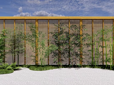 Bamboo Plants in Garden Landscape With Wooden Fence Gravel Ground and Blue Sky 3d model