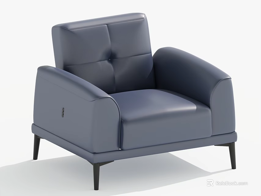Modern Navy Blue Leather Single Sofa With Tufted Back And Black Legs 3d model