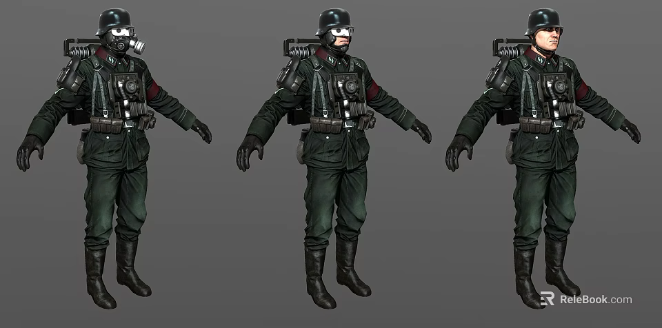 Game Movie Character Design With Dark Uniform Helmet Goggles And Backpack Gear 3d model 