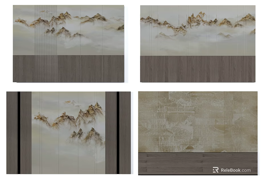 Chinese Style Wall Design With Mountain Landscape Cloud Patterns And Wooden Texture 3d model