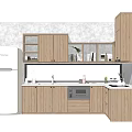 Modern Kitchen Interior With Wooden Upper And Lower Cabinets Refrigerator Sink And Oven