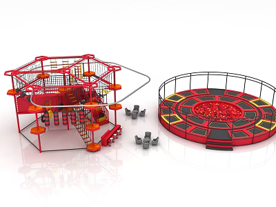 Red Playground Climbing Structure With Net Platforms And Circular Trampoline Safety Rails 3d model