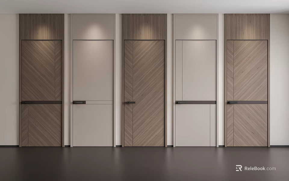 Modern Hinged Doors With Wooden Texture And Light Beige Brown Panel Designs 3d model