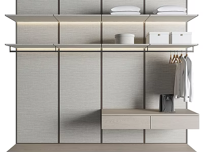 Modern Wardrobe Interior Design With Shelves Clothing Rail Drawers Storage Boxes And LED Lighting 3d model
