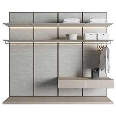 Modern Wardrobe Interior Design With Shelves Clothing Rail Drawers Storage Boxes And LED Lighting 3d model
