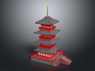 Traditional Multi Tiered Pagoda Architecture With Red Framework Gray Roof And Golden Spire 3d model