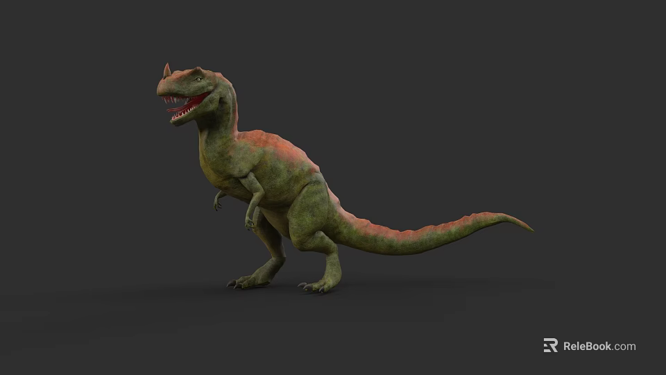 Green And Red Reptile Dinosaur With Open Mouth Sharp Teeth Standing On Dark Background 3d model 