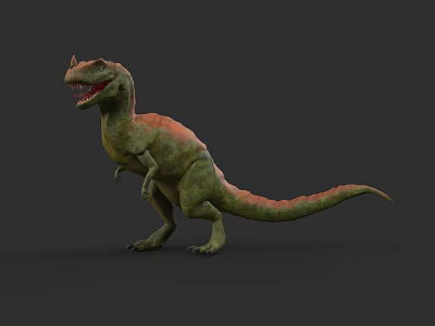 Green And Red Reptile Dinosaur With Open Mouth Sharp Teeth Standing On Dark Background 3d model