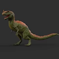 Green And Red Reptile Dinosaur With Open Mouth Sharp Teeth Standing On Dark Background